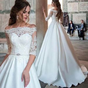 Robes de mariée simples en satin ligne A, col bateau, demi-manches, appliques en dentelle, dos ouvert, grande taille, sur mesure, robes de mariée