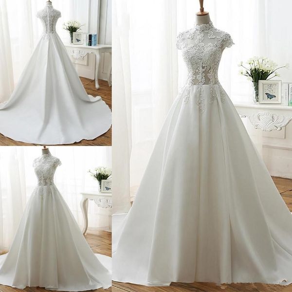 Vestidos de novia simples de una línea Cuello alto Manga corta Top de encaje Vestidos de novia Tren de la capilla de satén Blanco Vestidos de boda nupciales de talla grande 3806