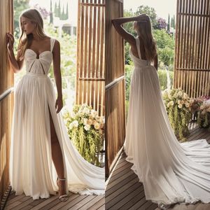 Eenvoudig een lijn trouwjurken plooien sweetheart nek sexy hoge kant split bridal jurken vestidos de novia ruches backless trouwjurk