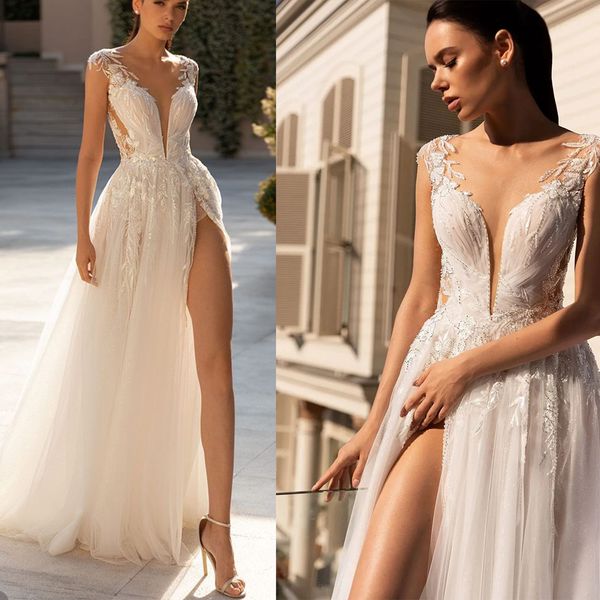 Simple une ligne femmes robe de mariée col transparent sans manches robes de mariée paillettes appliques fendues côté balayage train robe sur mesure vestidos de novia