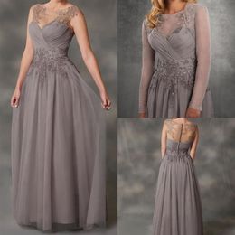 Simple aline gris en mousseline de soie mère de la mariée robes avec veste appliques robes de dentelle tenues de soirée invité de mariage dress251x