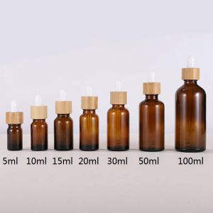 Eenvoudige amberglasdruppelaar fles met bamboe deksels etherische oliën flessen monster flesjes flesjes voor parfum cosmetische vloeistoffen 15 ml 20 ml 30 ml 50 ml 100 ml