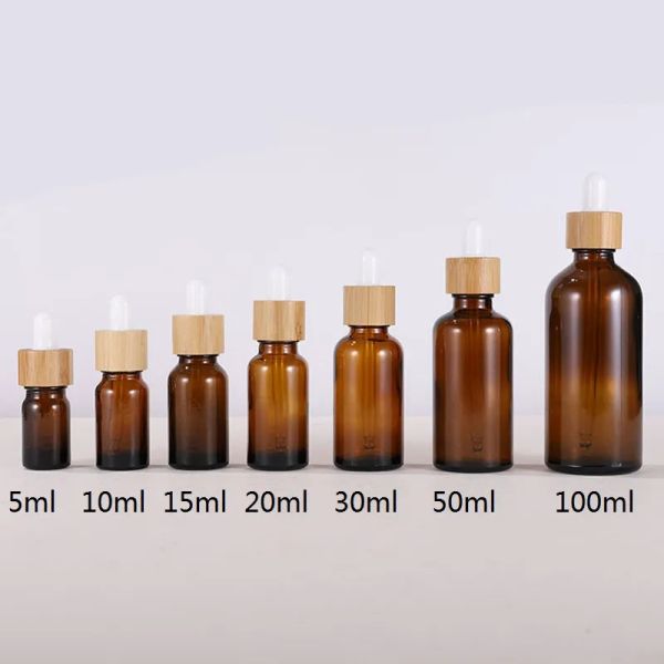 Flacon compte-gouttes en verre ambré simple avec couvercles en bambou Bouteilles d'huiles essentielles Flacons d'échantillons pour liquides cosmétiques de parfum 15 ml 20 ml 30 ml 50 ml 100 ml