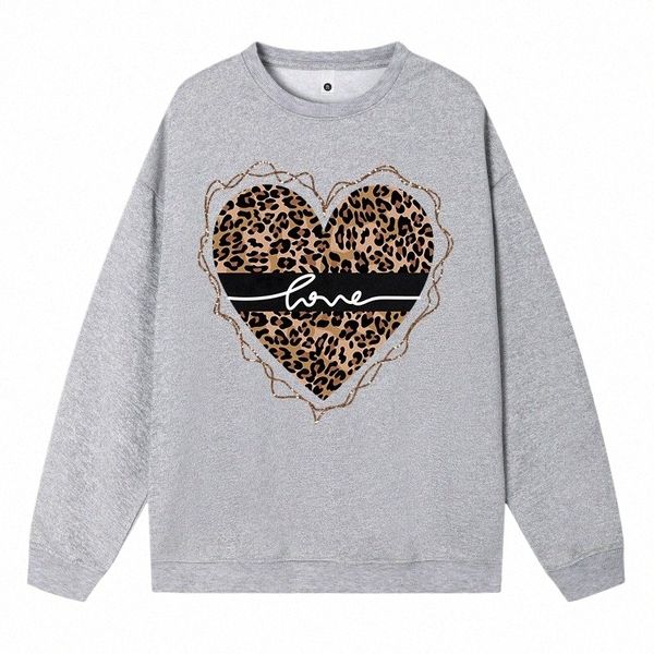 Simple otoño talla grande para mujer sudadera leopardo amor divertido estampado estampado sudaderas con capucha sueltas y cálidas jerseys polar suave para mujer Tops U969 #