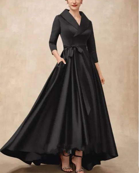 Robes mère de la mariée simples noires, hautes et basses, avec poches, col en V, manches longues 3/4, ligne A, robes de soirée formelles en satin, robe d'invité de mariage élégante pour femmes, 2024