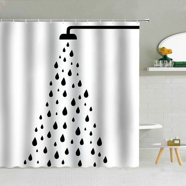 Simple Negro Blanco Gota de lluvia Cortina de ducha Geometría Gotas de agua Patrón Tela de poliéster Baño Cortinas colgantes Decoración para el hogar 240328