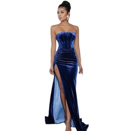 Vestido de noche de terciopelo azul sencillo, sirena, Sexy, con abertura alta, vestidos de fiesta de graduación, vestidos formales de talla grande para mujer