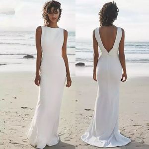 Robes de mariée sirène blanches simples bohème sexy dos ouvert sans manches longues robes de mariée en satin d'été femmes robe de réception de mariée 2022