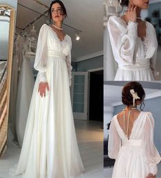 Simple Boho Robe De Mariée 2023 Sexy Col En V En Mousseline De Soie À Manches Longues Bohème Robes De Mariée En Dentelle Rustique Pays Civil Jardin De Mariée Robes De Novia hippie Robes De Mariee