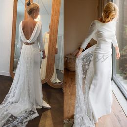 Eenvoudige Boho Trouwjurk Met Volledige Kant Sleep Lage Ruglooze Satijn Lange Mouwen Strand Bruidsjurken O Hals Civiele Landelijke Bruidsjurk Robe De Mariage Vestios Novia