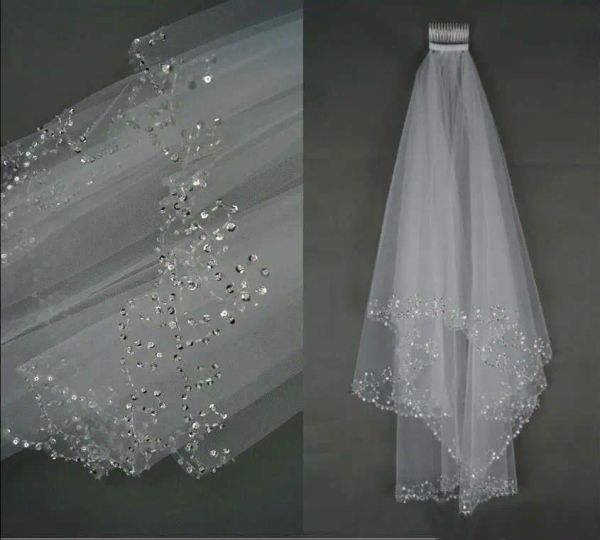 Voile de mariée Simple avec peigne, bord de ruban, court, deux couches de paillettes, longueur d'épaule, accessoires de mariage, blanc/ivoire