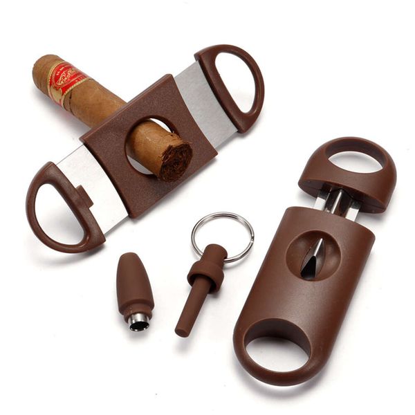 Brown Brown 3PCS / Set Metal Cigar Cutter Voyage en acier inoxydable Cigar de tabac personnalisé pour les outils de fumer