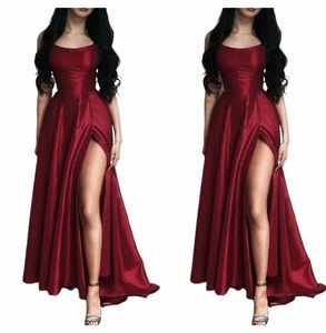 Simple Burdy Satin bal Dres colonne bretelles Spaghetti charmantes femmes robes de soirée formelles en plein air fête de mariage Robe d'invité A95Y #