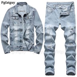 Ensembles simples décontractés 2 pièces Ripped Hole Slim-Fit à manches longues en denim Veste assorties jeans bleu clair Spring Summer Ropa Hombre 240507