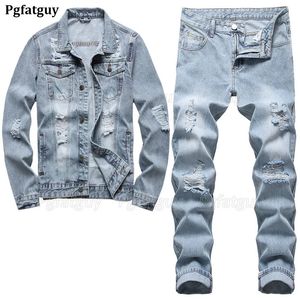 Simple Casual Men 2-delige sets gescheurde gat slanke slanke denim jas met lange mouwen bijpassende jeans lichtblauwe lente zomer ropa hombre 240507