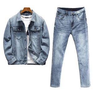 Ensembles masculins simples décontractés, veste bleu clair et jeans 2 pcs, veste lâche L-7xl, jeans stretch slim-fit 28-40, automne au printemps