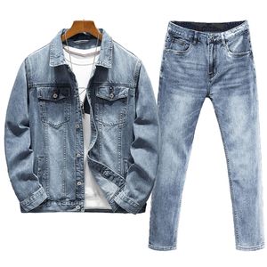 Sets simples casuales para hombres, chaqueta azul sólida y jeans 2pcs set, chaqueta suelta L-7xl, jeans estiramientos de ajuste delgado 28-40, primavera otoño