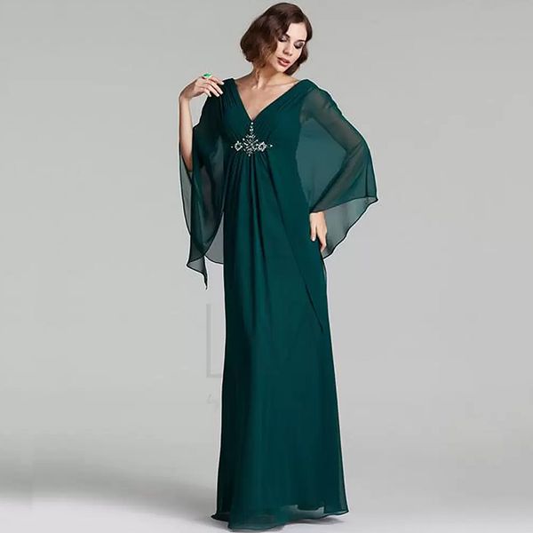 Vestidos sencillos de gasa para madre de la novia, hasta el suelo, con cuello en V, línea A, de talla grande, para fiesta de bodas en la playa, vestidos largos de fiesta de graduación verde esmeralda para mujeres invitadas 2023