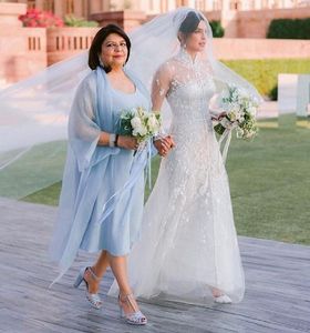 Vestidos simples de gasa con cuello vuelto para madre de novia con capa azul cielo claro sin mangas longitud del té vestidos formales baratos de verano