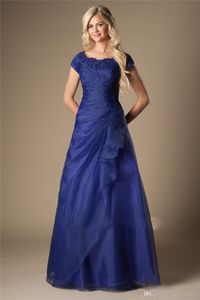 Eenvoudige klassieke blauwe lange bescheiden prom jurken met dop mouwen kralen organza vloer lengte meisjes prom jassen vloer lengte avond feestjurk