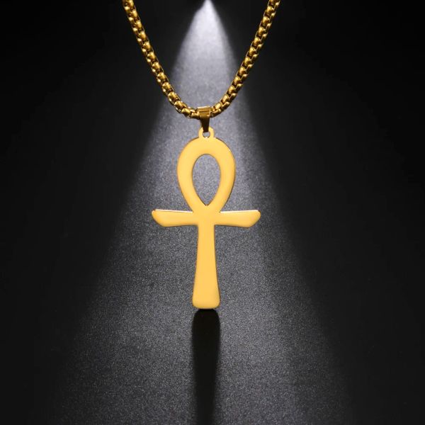 Collier classique Simple en or jaune 14 carats, croix, symbole de vie égyptien Ankh, pendentif Antique, longue chaîne, bijoux