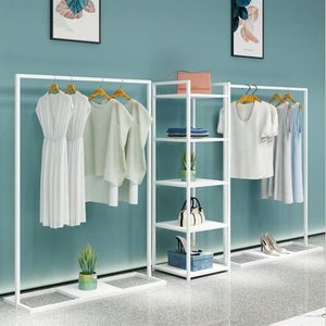 Présentoir de magasin de vêtements Simple, type de sol, étagère de magasin pour hommes et femmes, porte-vêtements suspendus en tissu blanc contre le wal219o