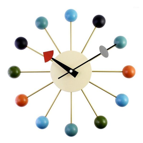 Boule colorée simple, horloge moderne, simulation d'art, sport décoratif, horloge murale de bonbons, couleur mixte, boule en métal et bois massif1