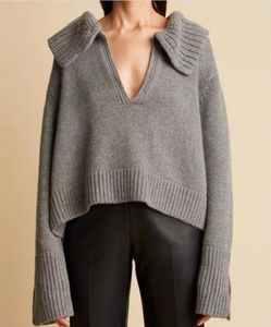 Simple Commuter Large Polo Neck Loose Striped Pullover Sweater Mujer 2023 Otoño/Invierno Nuevo - k/ha * ite - Sweater Design Sense Small V-Neck Knitted Top ash