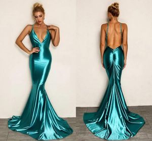 Eenvoudige crêpe zeemeermin prom gelegenheid jurkt 2023 riemen backless groenblauw blauw geplooide fishtail avondreceptie jurk