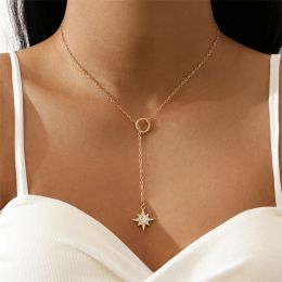 Collier à breloque étoile à huit branches en cristal Simple, en or 14 carats, chaîne de clavicule délicate en Zircon pour femmes, bijoux à la mode, vente en gros