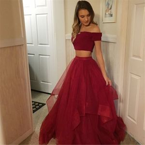 Simple rojo oscuro dos piezas vestidos de baile sin tirantes de manga corta una línea de tul vestidos de noche largos simples 2019 vestido de fiesta barato para mujer