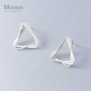 Eenvoudig ontwerp 925 sterling zilveren holle driehoek vierkante oorring voor vrouwen mode geometrische oor pin fijne sieraden 210707