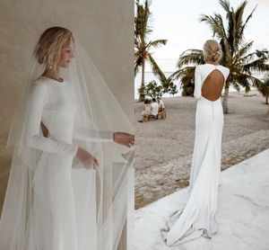 Eenvoudig design crêpe vlek boho trouwjurken 2022 lange mouw backless met knopen zeemeermin strand tuin bruidsjurk