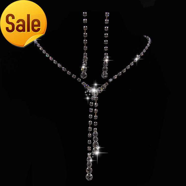 Conjunto de collar y pendientes de cristal de diseño simple para mujer, conjunto de joyería de boda para novia, collar de diamantes de imitación brillante barato para fiesta