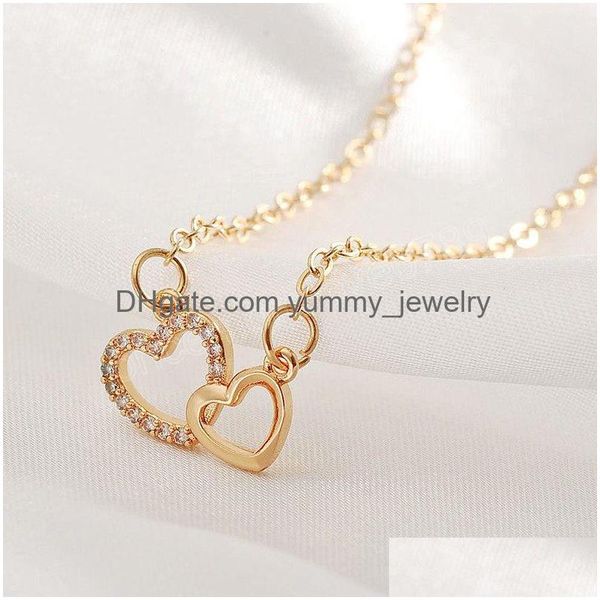 Simple Double Coeur Pendentif Collier Pour Femmes Exquis Géométrique Amour Clavicule Chaîne Bijoux Anniversaire Saint Valentin Cadeau Drop Deli Dhfkw