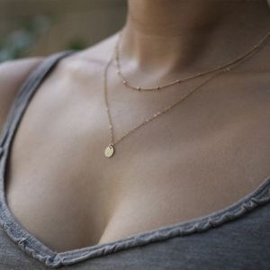 Eenvoudige dubbele laag kraal ketting wafel ketting metaal kleine wafer goud en zilveren wind korte nekchain sieraden