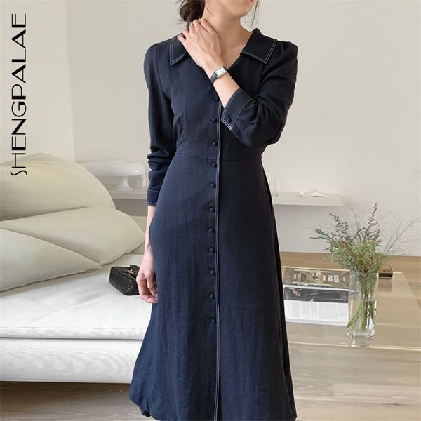 Robe simple femmes printemps élégant revers simple boutonnage montrer taille mince manches longues genou longueur robes 5A803 210427