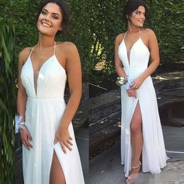 Eenvoudige jurken sexy strand 2020 rug chiffon zijkant spleet halter plunging v nek vloer lengte bruiloft jurk vestido de novia estido