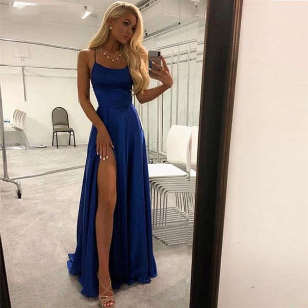 Diseño elegante simple Vestido de noche de satén Correas de espagueti Vestidos de baile 2019 Royal Blue High Slit Vestidos de fiesta de noche Long2105