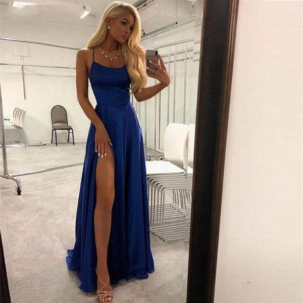 Diseño elegante simple Vestido de noche de satén Correas de espagueti Vestidos de baile 2019 Royal Blue High Slit Vestidos de fiesta de noche Long266C