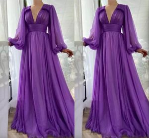 Eenvoudige elegante paarse chiffon a-line prom-jurken lange puff mouwen v nek gedrapeerd empire vloer lengte formele avondjurk feestjurken op maat gemaakt