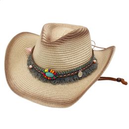 Chapeau de cowboy en paille de style ethnique simple avec décor de glands, casquette de Panama bohème, vente en gros, pour hommes et femmes, protection solaire 240311