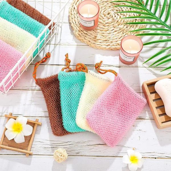 Bolsas de malla exfoliantes simples Bolsa de ahorro para ducha Masaje corporal Depurador Jabón de ramio orgánico natural Bolsa de bolsillo Lufa Baño Spa Espuma de burbujas con cordón