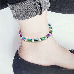 Simple Fashion Black Gallstone Anklet Armband Cilindrische Pearl Plating AB Color Aklets Armband Ondersteuning FBA Drop Shipping