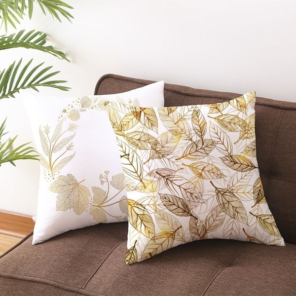 Taie d'oreiller feuille d'or simple mode 45cm fleur impression polyester housse de coussin pour nordique doux décoration de la maison canapé taie d'oreiller L220816