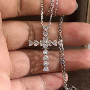 Eenvoudige mode-sieraden 925 sterling zilver hart vorm wit topaz cz diamant party cross hanger christendom vrouwen sleutelbeen ketting cadeau