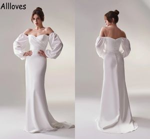 Eenvoudige mode off schouder zeemeermin trouwjurken met lange mouwen elegante satijnen sweep trein boho tuin strand bruidsjurk Arabisch aso ebi vestidos de novia cl0911