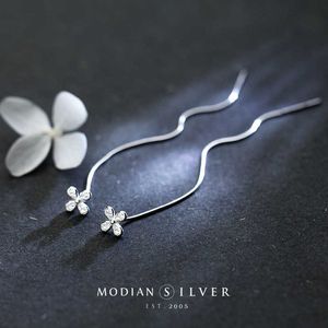 Simple Four Leaf Clover Cute Kwastje Drop Earrings 100% 925 Sterling Silver Plant Lucky Dangle Oor voor Vrouwen Fijne Sieraden 210707