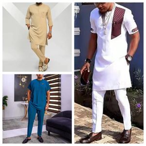 Ensemble complet Simple pour hommes, pantalon et chemise, 2 pièces, manches courtes, col rond, couleur unie, Festival, Style ethnique africain, 240305