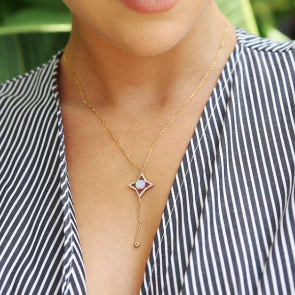 Collier Long à pampilles en Zircon rose opale géométrique Simple, accessoires de mode exquis pour femmes et filles, bijoux assortis, chaînes cadeaux